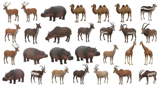 Animal collection featuring hippos, giraffes, camels, antelopes, and deer