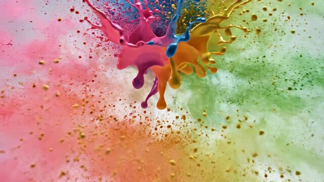 Colorful splashes of pink, blue, yellow, and green paint collide and create dynamic patterns in a vibrant display against a clean white background