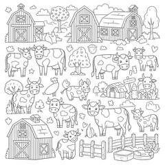 Obraz premium Barns, fences, and cows in a farm setting