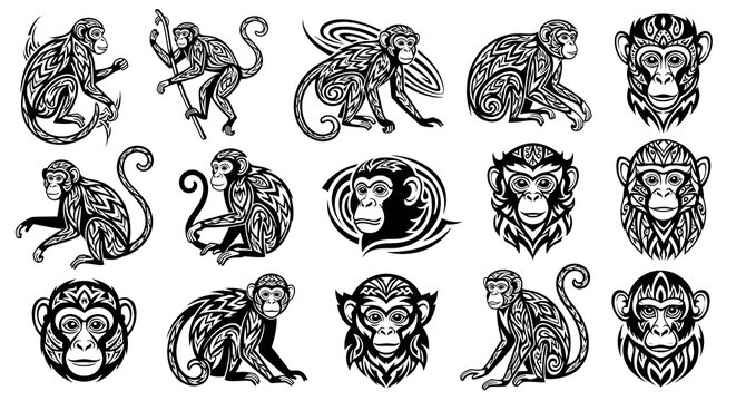 Set of twelve stylized monkey icons with tribal motifs
