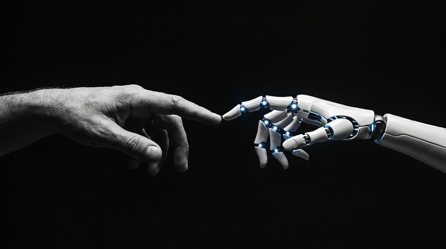 Human hand touching a robotic finger on a dark background, symbolizing artificial intelligence, technology, innovation, and human machine connection.