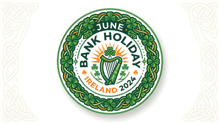 June bank holiday emblem with harp and shamrocks for Ireland 2024