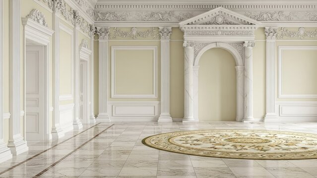 Elegant marble hallway with ornate fireplace and decorative rug in classic interior