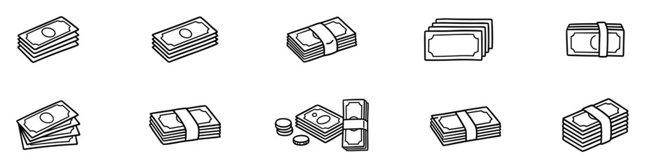 Cash line icon collection with stacked banknotes, bundled money and currency payment symbols on transparent background © Yehor