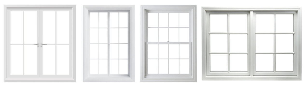 Four white window frames with various grid designs, isolated on a transparent background.