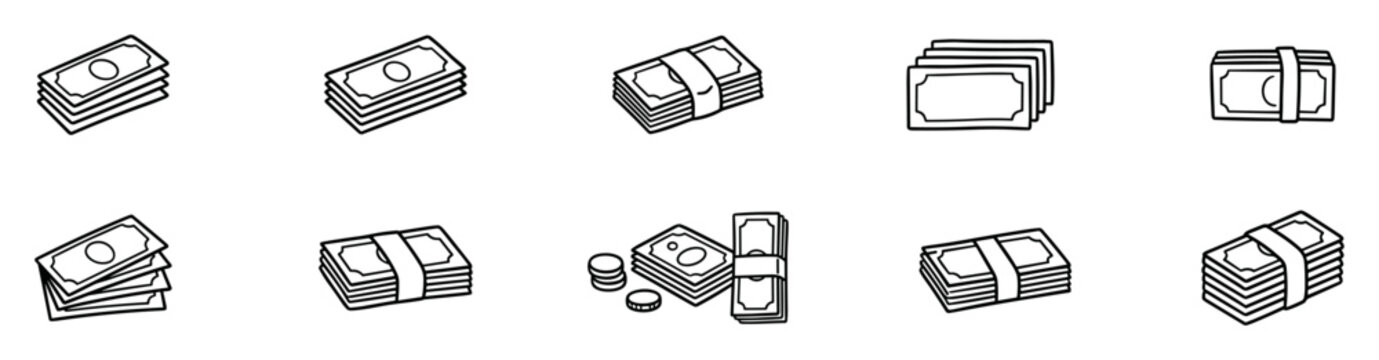 Cash line icon collection with stacked banknotes, bundled money and currency payment symbols on transparent background