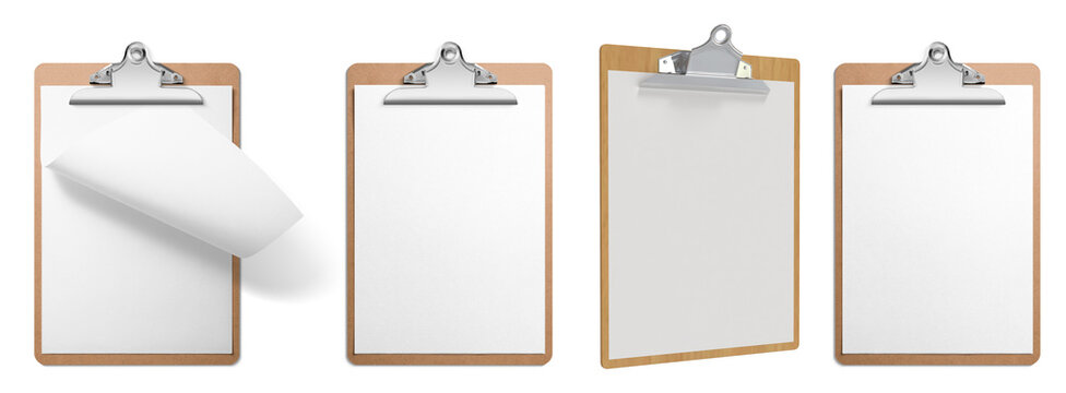 Collection of wooden clipboards with blank paper, isolated on a transparent background for versatile use.