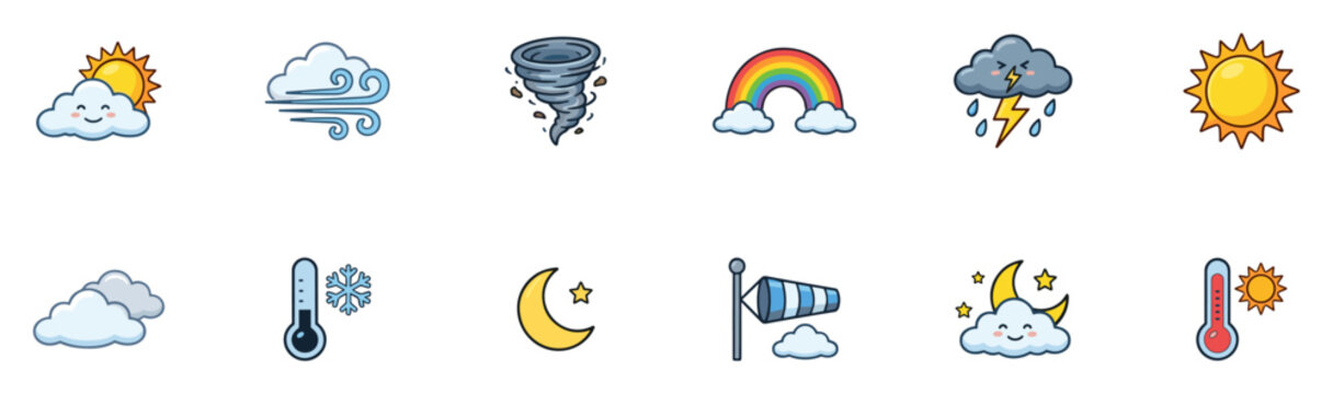 Weather vector icons with sunny, cloudy, rainbow, tornado, moon and thermometer symbols, flat colorful style on transparent background