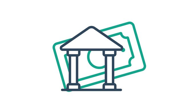 Animated direct deposit icon. Dark blue vector bank building, teal money bill moves bottom to top into the building. Smooth rising motion on an alpha channel transparent background. Ideal for banking 