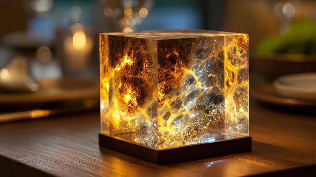 Glowing resin cube lamp featuring intricate golden textures resting on a polished wooden table surface tonight