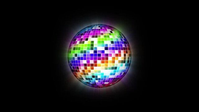Rotating disco ball with glowing reflections, colorful light rays animation, seamless loop motion graphics, retro nightclub style, vibrant DJ party background