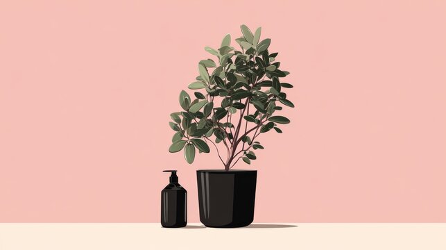 4.Modern minimal vector illustration showing an indoor green plant in a black pot with a fertilizer bottle nearby, simple geometry, soft pink background, tidy and elegant visual style