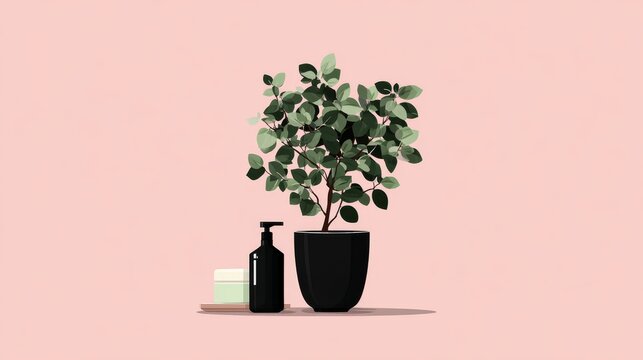 4.Modern minimal vector illustration showing an indoor green plant in a black pot with a fertilizer bottle nearby, simple geometry, soft pink background, tidy and elegant visual style