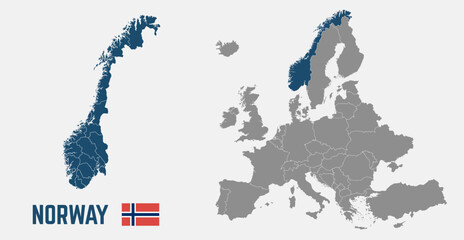 Norway map. Norway flag. Europe and Norway maps with regions. Europe map isolated on white background. High detailed. Vector illustration  © Denys Holovatiuk