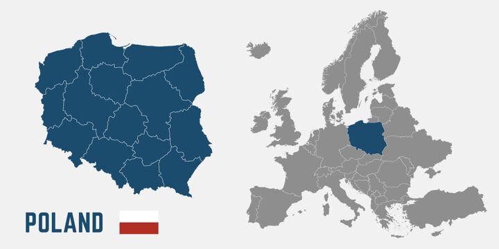 Poland map. Poland flag. Europe and Poland maps with regions. Europe map isolated on white background. High detailed. Vector illustration	
