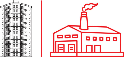 Vector illustration of a residential apartment block and an industrial factory building. Representing the contrast between urban living and industrial production © Muhammad