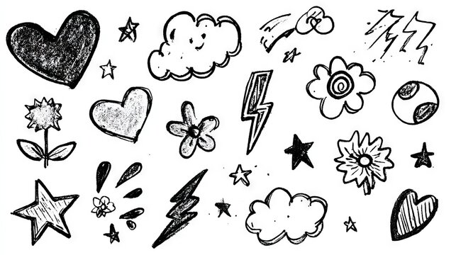 15.Cute hand-drawn crayon illustration set with whimsical scribbles of hearts and stars, fluffy clouds, flowers, zigzag lightning, and basic shapes, rough texture, fun kids design aesthetic