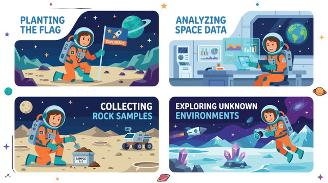 Astronauts engage in various space exploration activities, including planting a flag, analyzing data, collecting samples, and discovering new environments.