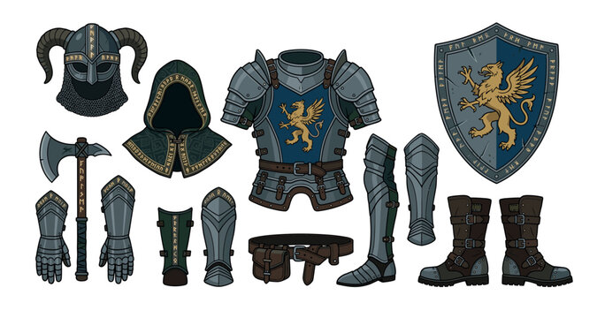 Medieval fantasy warrior armor and weapons collection featuring a horned helmet, griffin shield, axe, and various protective gear for epic adventures.