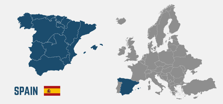 Spain map. Spain flag. Europe and Spain maps with regions. Europe map isolated on white background. High detailed. Vector illustration	