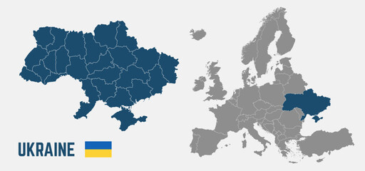 Obraz premium Ukraine map. Ukraine flag. Europe and Ukraine maps with regions. Europe map isolated on white background. High detailed. Vector illustration 