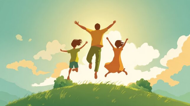 24.Happy outdoor scene illustration of three generation family jumping on a grassy hill, minimal yet expressive design, bright sky, celebration of togetherness