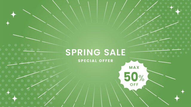 Spring Sale Light Green Background with Radial Burst and Fresh Design ライトグリーンの放射線スプリングセール背景