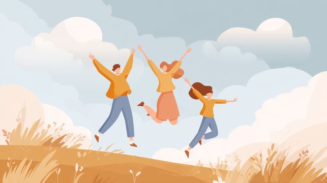 24.Happy outdoor scene illustration of three generation family jumping on a grassy hill, minimal yet expressive design, bright sky, celebration of togetherness