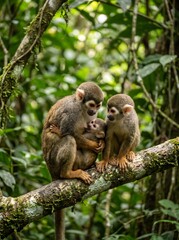Fototapeta premium Monkey Family Sitting on Tree Branch in Amazon Rainforest Natural Wildlife Interaction