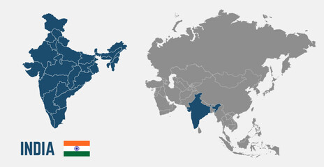 Fototapeta premium India map. India flag. Asia and India maps with regions. Asia map isolated on white background. High detailed. Vector illustration