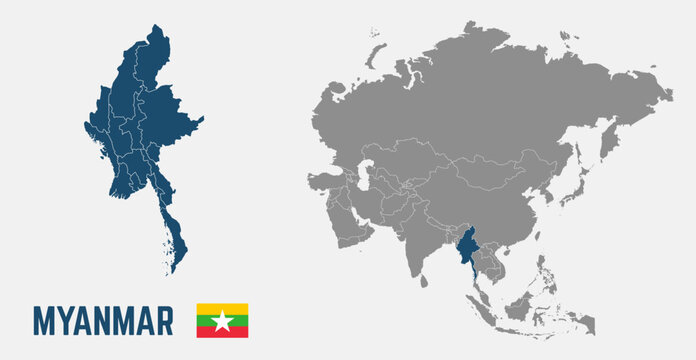 Myanmar map. Myanmar flag. Asia and Myanmar maps with regions. Asia map isolated on white background. High detailed. Vector illustration