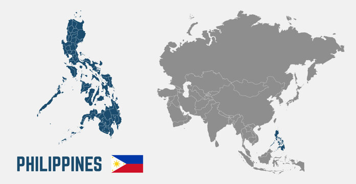 Philippines map. Philippines flag. Asia and Philippines maps with regions. Asia map isolated on white background. High detailed. Vector illustration