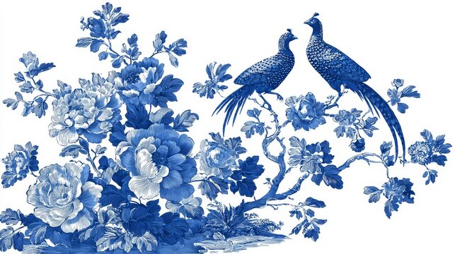 38.Flat vector illustration set of blue and white floral toile elements, large blossoms and leaves, elegant vines and stems, two pheasants perched gracefully, classic decorative pattern composition