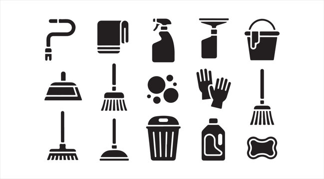 Cleaning equipment silhouette icon pack for hygiene housekeeping janitor and facility maintenance design projects
