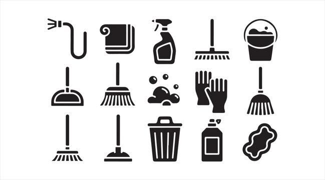Minimal black cleaning tools icons collection with broom mop spray sponge and trash silhouettes isolated on white background