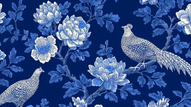 41.Elegant blue white botanical toile vector collection, blossoms and leaves arranged on flowing vines, pheasants integrated naturally, flat decorative pattern design