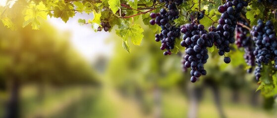 Naklejka premium The Grapes in a Sunlit Vineyard with Ripe Purple Clusters and Bokeh Background