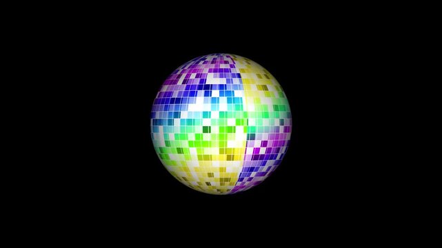 Colorful disco ball spinning with reflected rays, glowing mirrorball animation, seamless loop motion graphics, retro nightclub lighting
