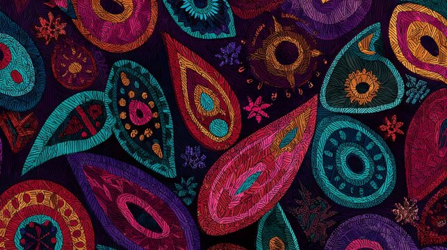 44.Seamless hand drawn vector pattern with colorful geometric floral motifs, African boho and paisley influences, vibrant ethnic color palette, detailed decorative texture for fabric and textiles