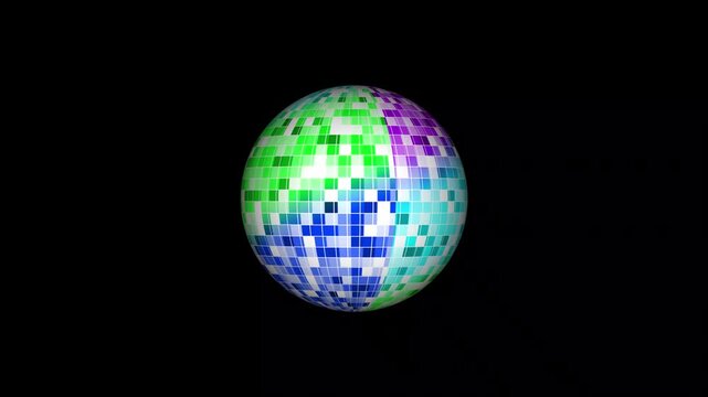 Colorful disco ball spinning with reflected rays, glowing mirrorball animation, seamless loop motion graphics, retro disco lighting, vibrant party visuals