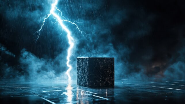 A single dark cube under a dramatic lightning storm