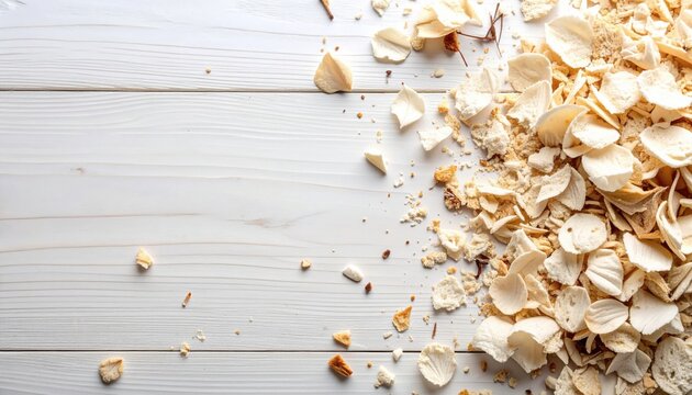 Crumbs and broken pieces of pastry are scattered across a white wooden surface, creating a textured abstract pattern with a clean and bright aesthetic appeal.