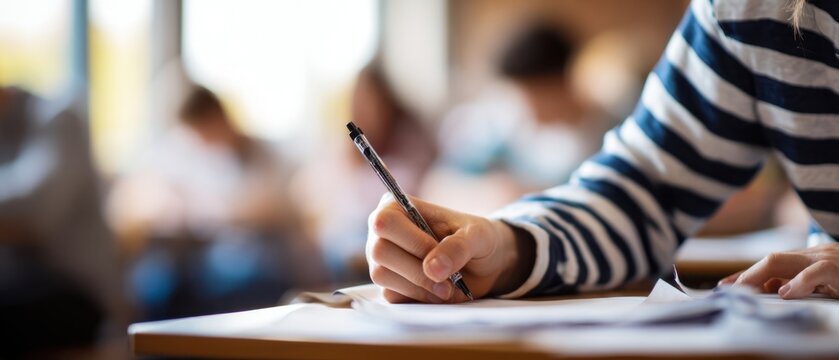 The student writing an exam at a desk in a focused classroom environment