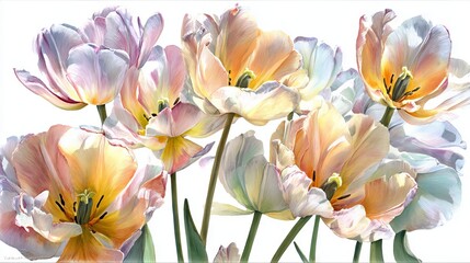 Fototapeta premium Ethereal Watercolor Tulips in Pastel Hues: A Blooming Symphony of Peach, Pink, and Cream Against a Pure White Background