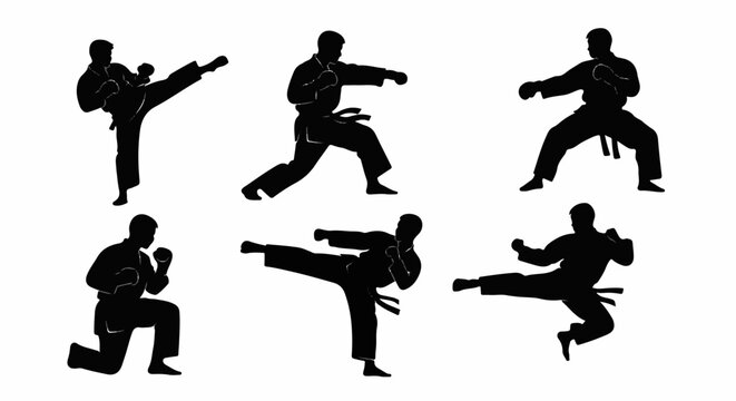 Dynamic silhouettes of martial artists in action poses, executing kicks and punches