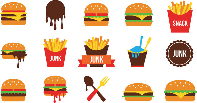 Junk Food Vector Set with Burgers French Fries Fast Food and Snack Icons