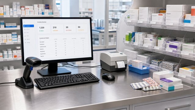 Pharmacy workspace showing a computer with inventory data and neatly arranged medication boxes on shelves