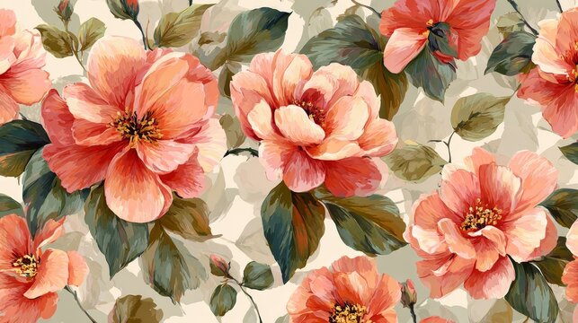 82.Artistic seamless floral design with hand painted appearance, loose brush strokes, blooming flowers and leaves, soft and romantic decorative background