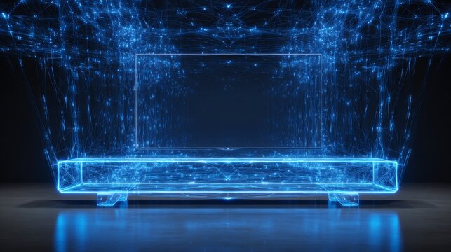 Futuristic Holographic TV Setup: Neon Blue Network Visualization Over Transparent Screen &mdash; Ideal for Tech Concepts & VR Projects