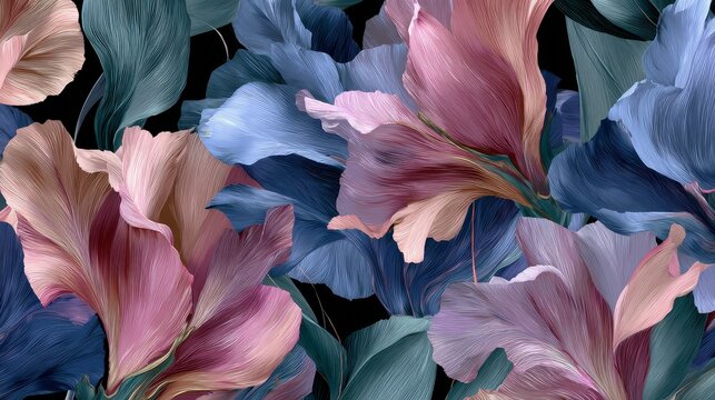 83.Seamless pattern of painted florals with textured petals, flowing leaves, natural composition, painterly style suitable for fabric and wallpaper